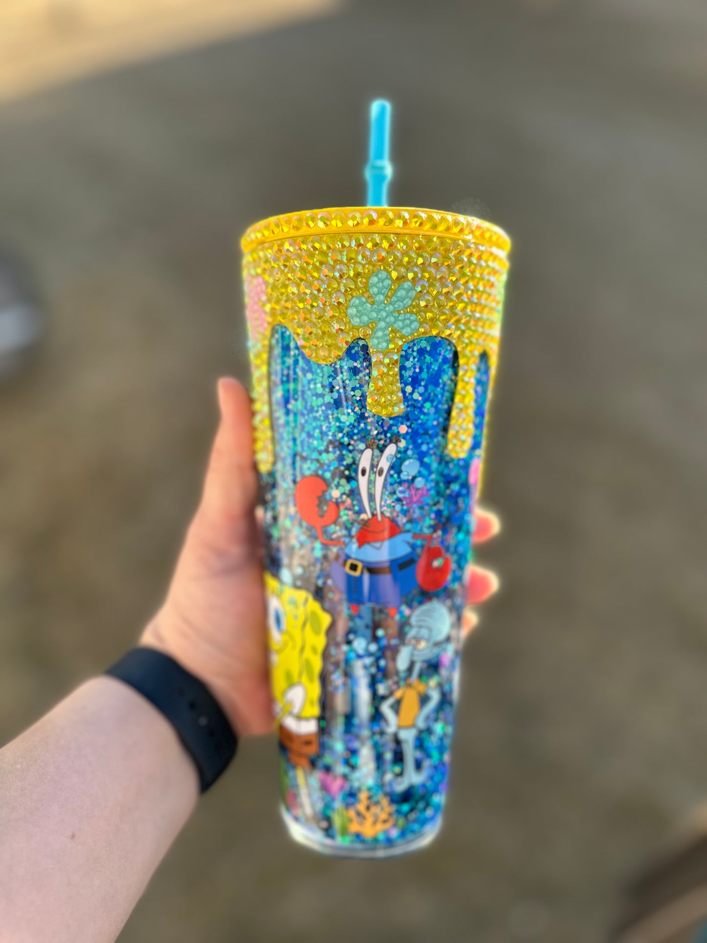 24oz Sponge And Friends UVDTF Bling Drip Snow globe Tumbler With Designer Lid And Straw ( No Epoxy)