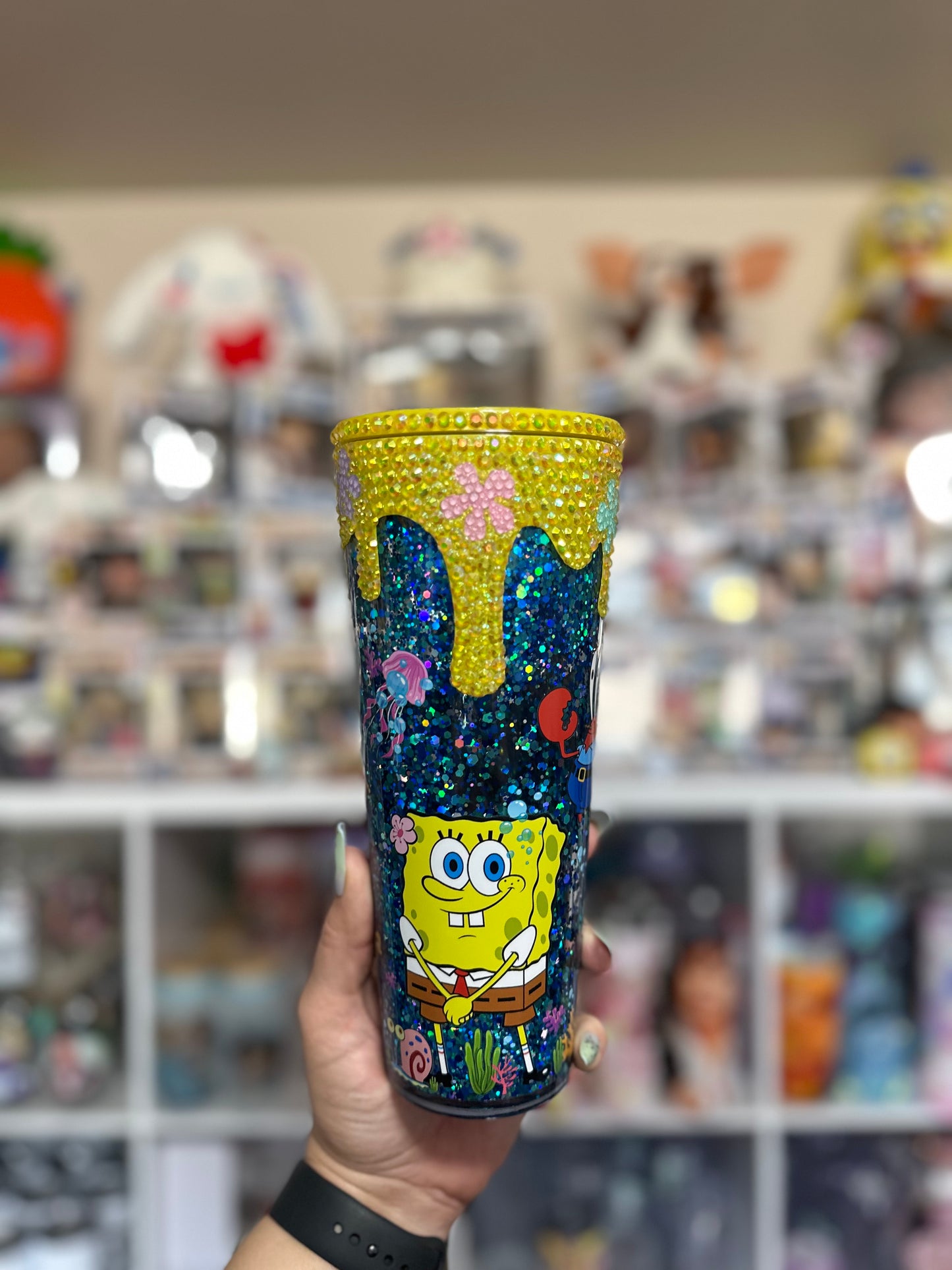 24oz Sponge And Friends UVDTF Bling Drip Snow globe Tumbler With Designer Lid And Straw ( No Epoxy)