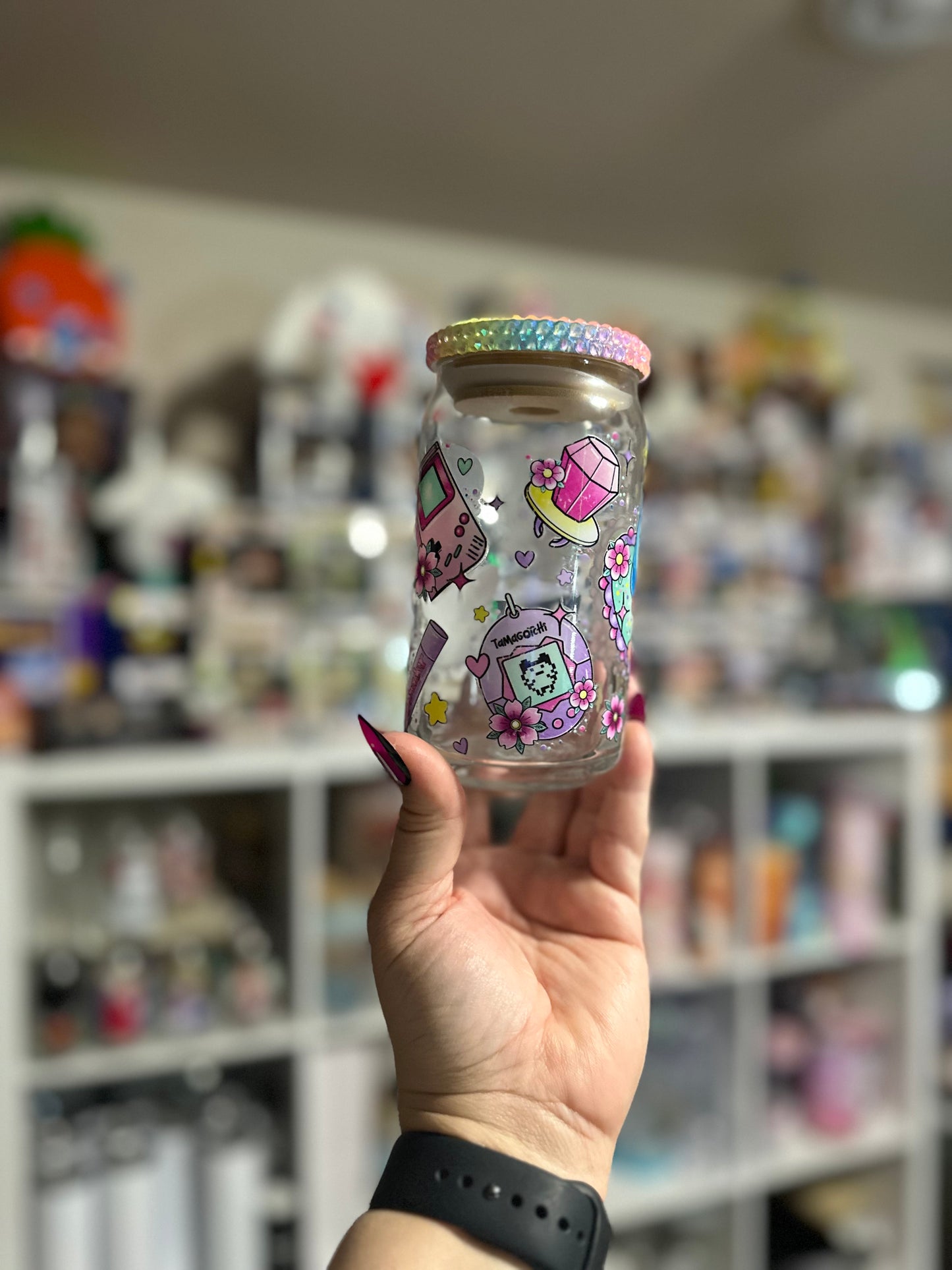 16oz 90's Baby Glass Can With Rhinestone Lid And Straw