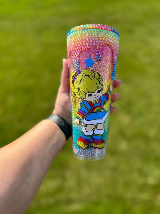 24oz Rainbow Drip Ombré Rhinestone And Polymer Clay Filled Brite Rainbow Girl Inspired Tumbler With Rhinestone Lid And Colored Straw