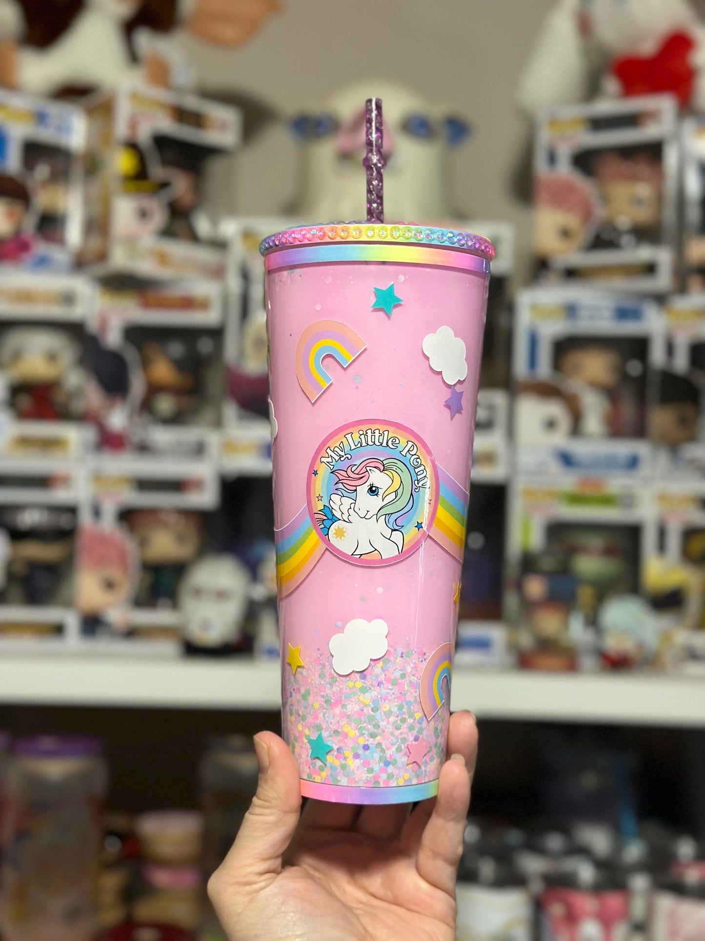 24oz My Little Pretty Pink Ponies Epoxied Tumbler With Peekaboo Rhinestone Lid and Acrylic Straw