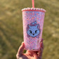 16oz Inspired Fancy Cat Snow Globe Tumbler With Pearl/Rhinestone Lid and Pink Straw