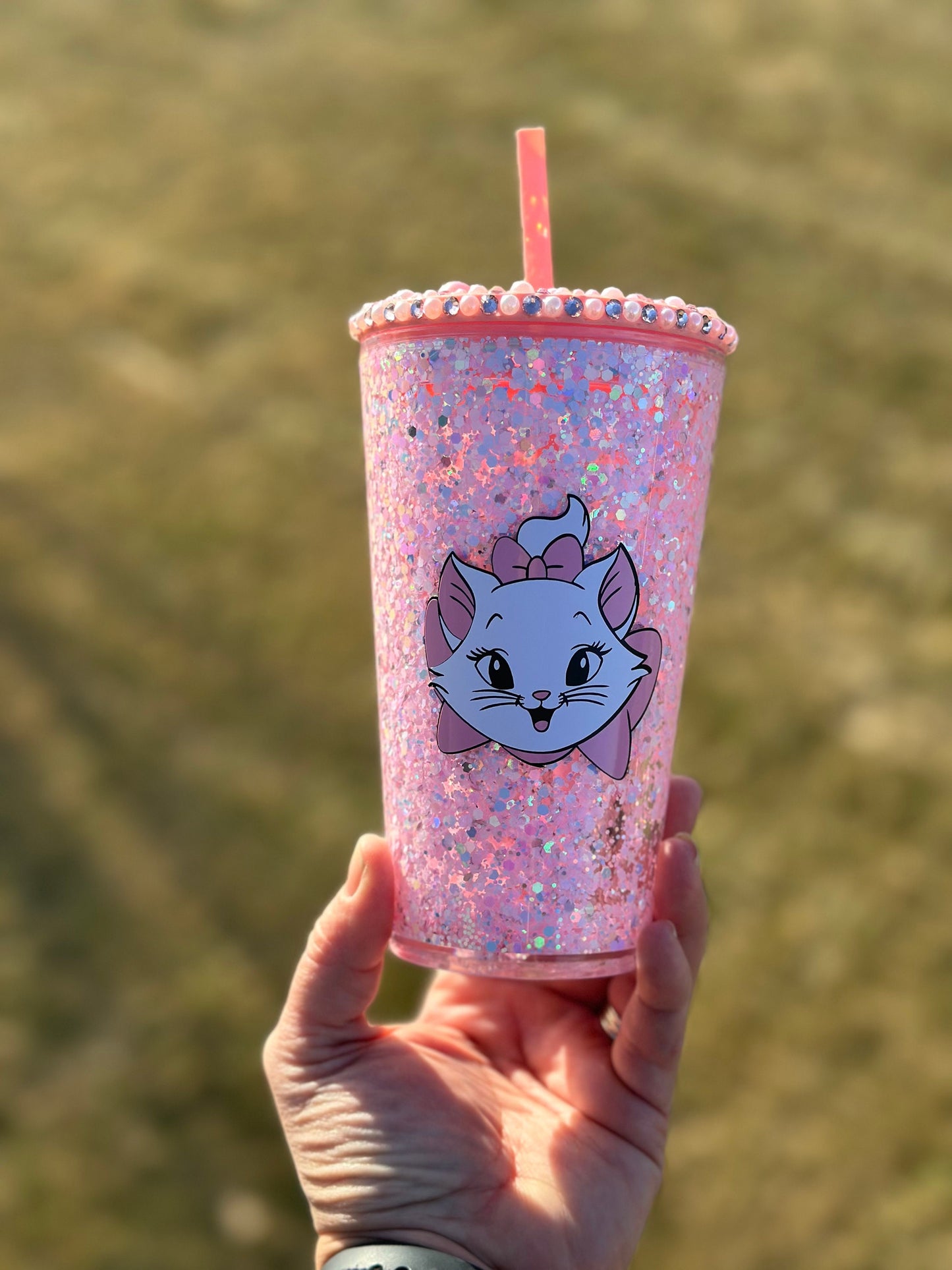 16oz Inspired Fancy Cat Snow Globe Tumbler With Pearl/Rhinestone Lid and Pink Straw