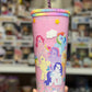 24oz My Little Pretty Pink Ponies Epoxied Tumbler With Peekaboo Rhinestone Lid and Acrylic Straw