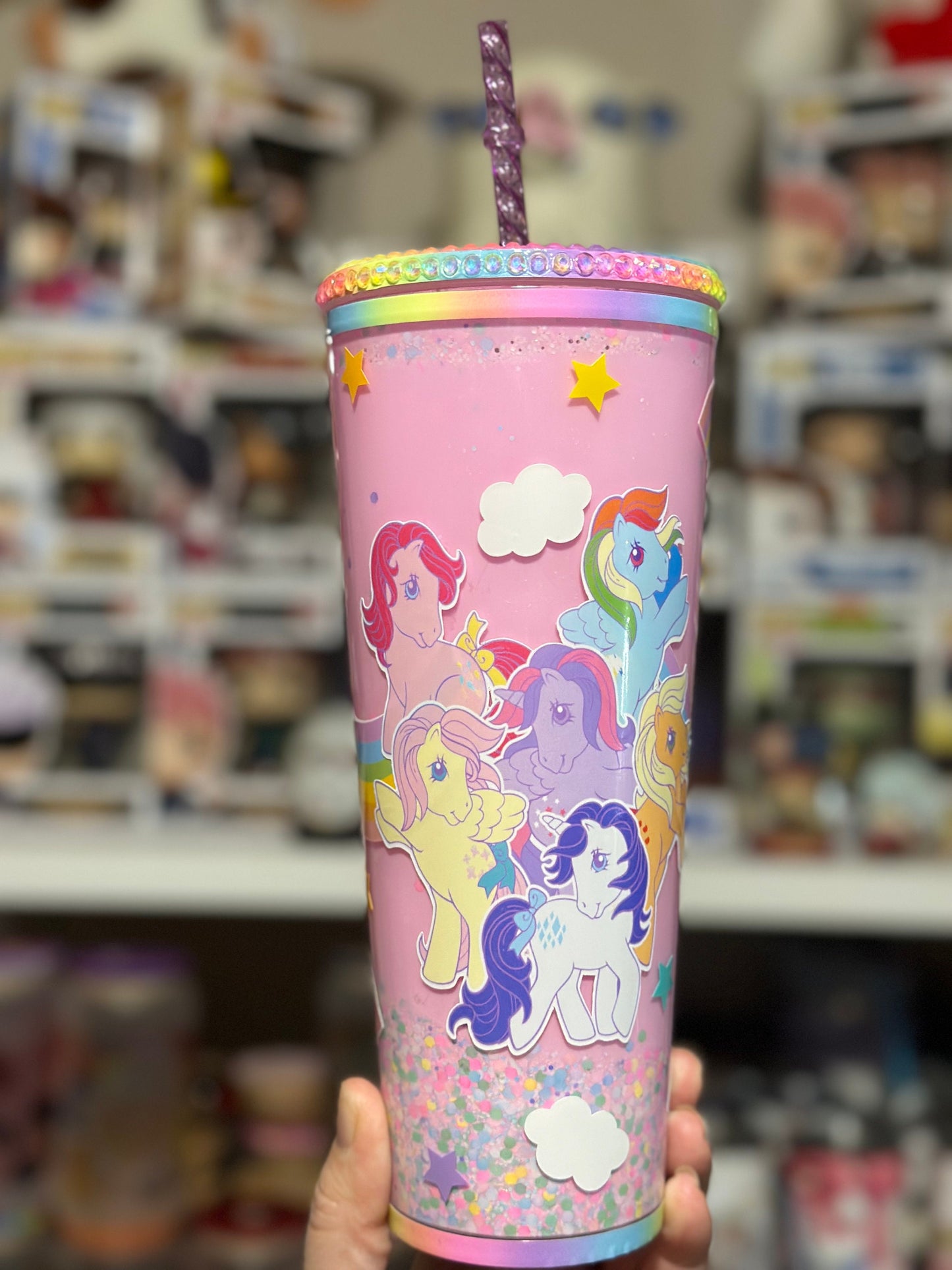 24oz My Little Pretty Pink Ponies Epoxied Tumbler With Peekaboo Rhinestone Lid and Acrylic Straw