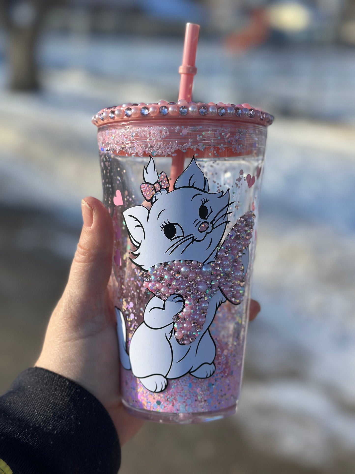 16oz Inspired Fancy Cat Snow Globe Tumbler With Pearl/Rhinestone Lid and Pink Straw