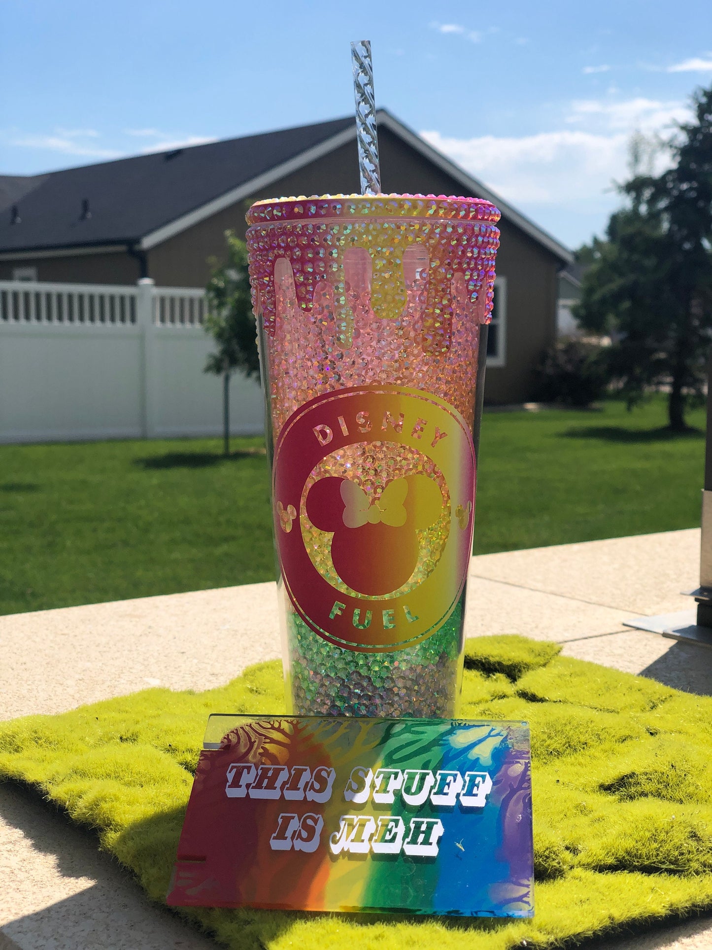 Skittles Remix 24oz Disney Fuel Rainbow Rhinestone Filled Tumbler With Bling Lid Drip and Acrylic Crystal Straw