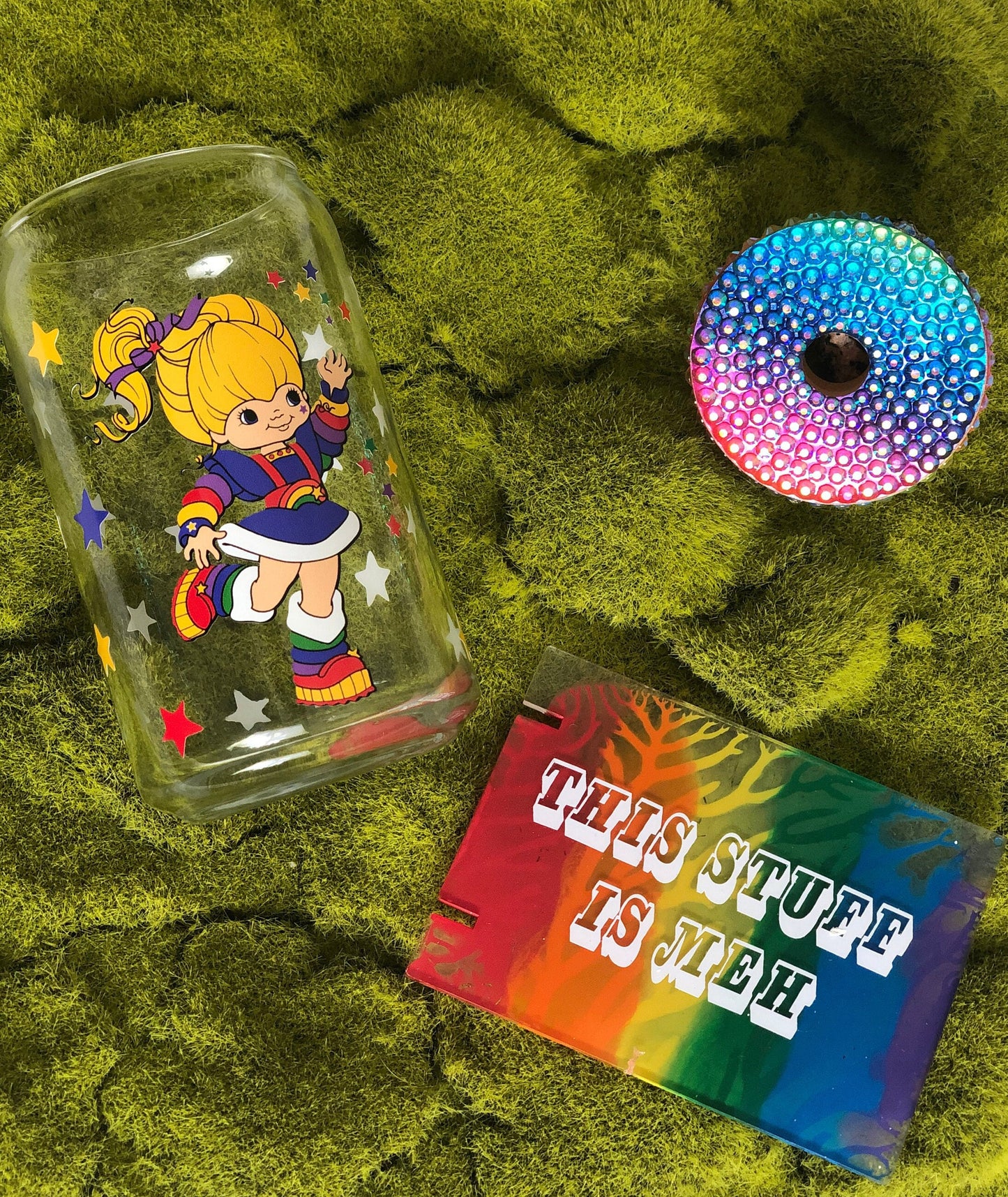 16 oz Brite Rainbow Girl Libbey Glass With Rhinestone Lid and Glass Straw  Full Eco Solvent Wrap