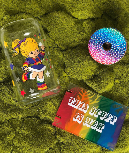 16 oz Brite Rainbow Girl Libbey Glass With Rhinestone Lid and Glass Straw  Full Eco Solvent Wrap