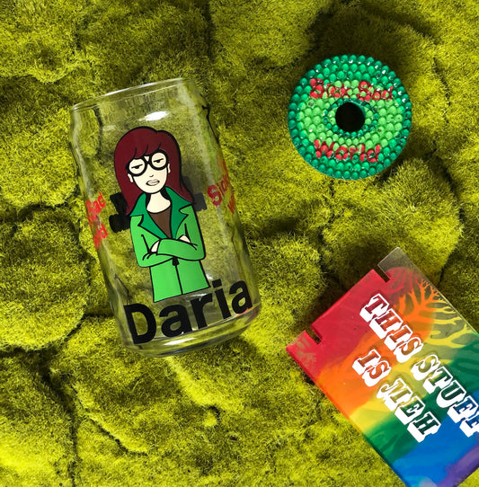 16oz Daria's Sick Sad World Full Vinyl Wrap Libbey Glass With Rhinestone Bamboo Lid and Reusable Straw