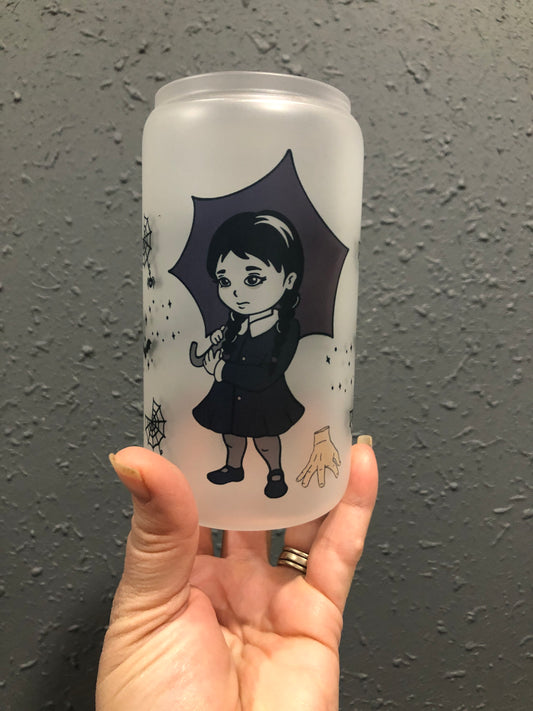 Sublimated 16oz Chibi Wednesday Frosted Glass Can With Lid And Straw