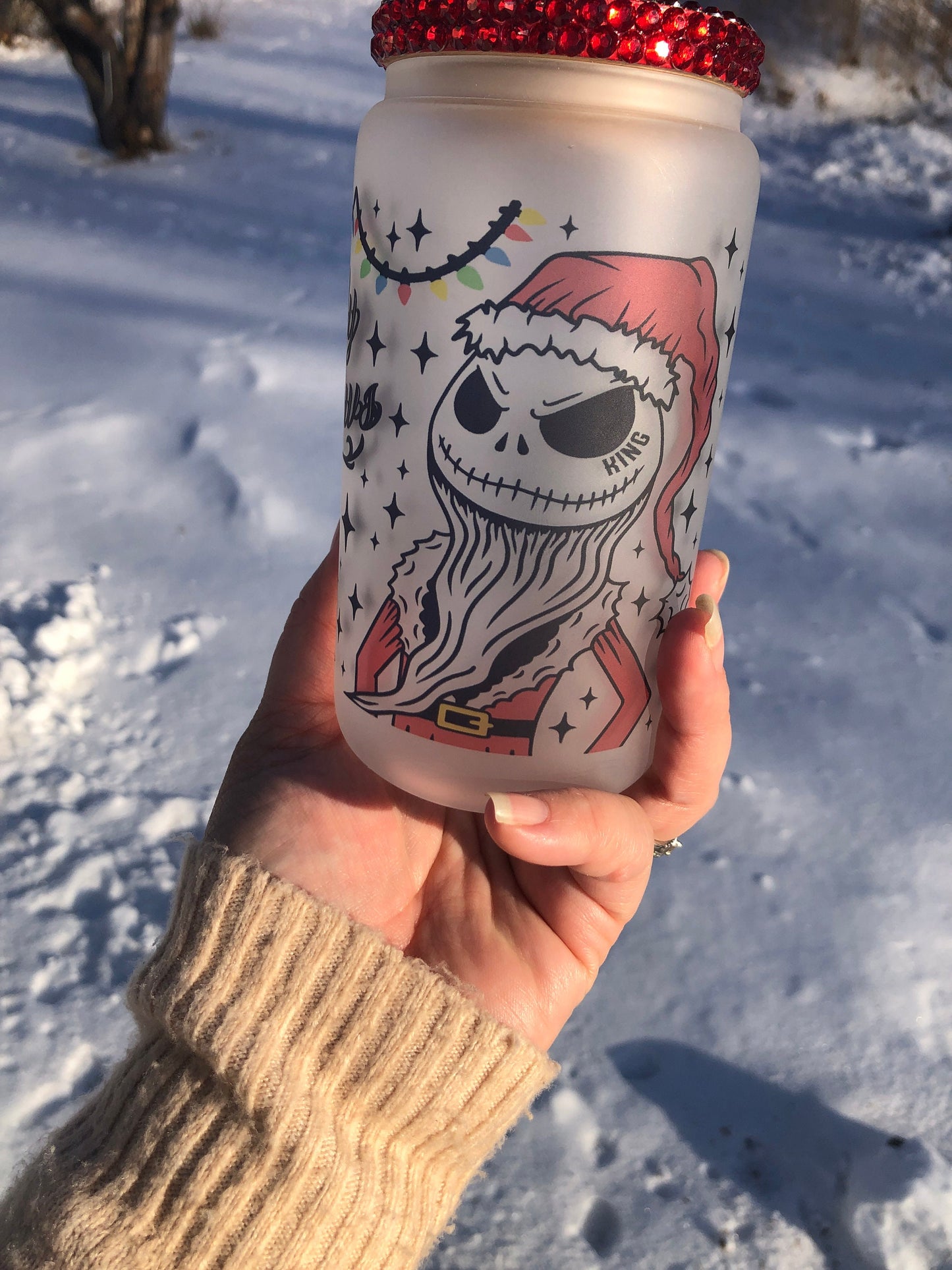 16oz  Nightmare Before Xmas Jack Skellington Frosted Glass Can Design With Rhinestone Lid And Straw