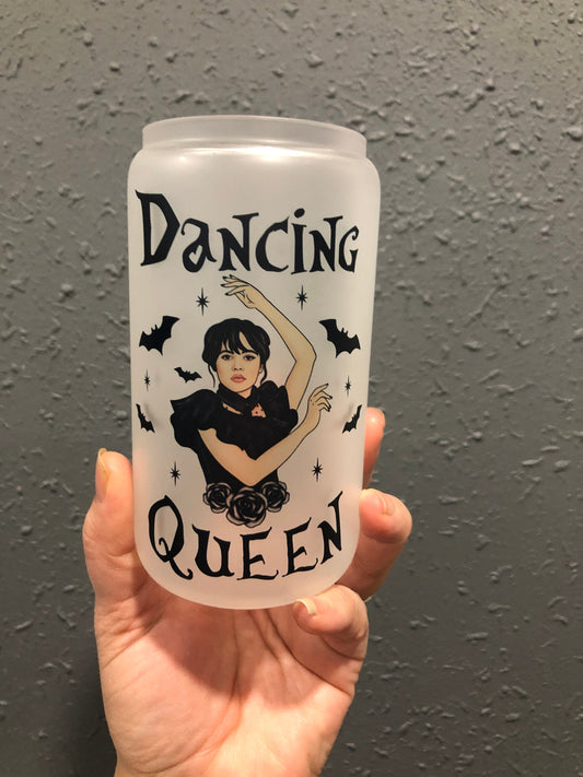 16oz Sublimated Dancing Queen Wednesday Frosted Glass Can With Lid And Straw