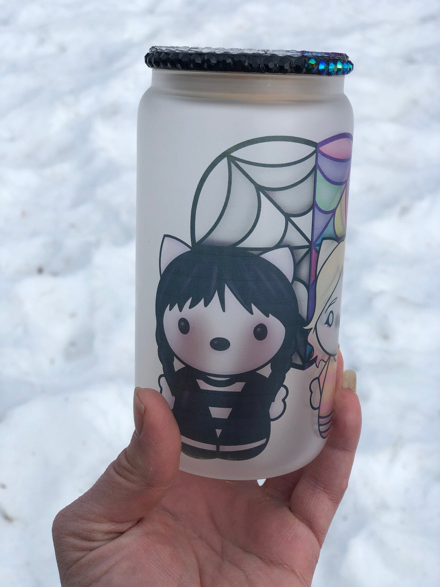 Hello Spooky Kitty 16oz Frosted Sublimated Wednesday And Enid Besties Glass Can With Designed Lid And Straw