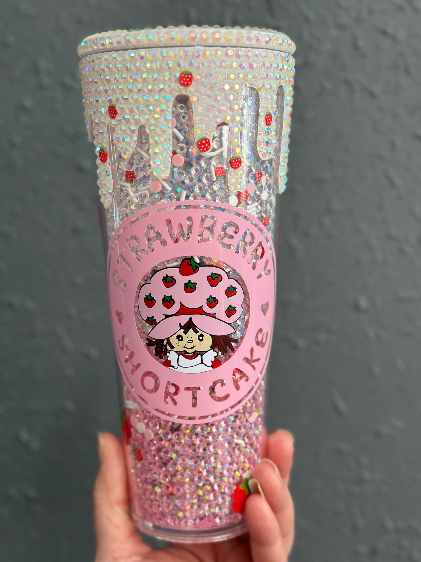 24oz Ombré Rhinestone And Polymer Clay Filled  Retro Strawberry Girl Inspired Tumbler With Rhinestone Lid and Acrylic Crystal Straw