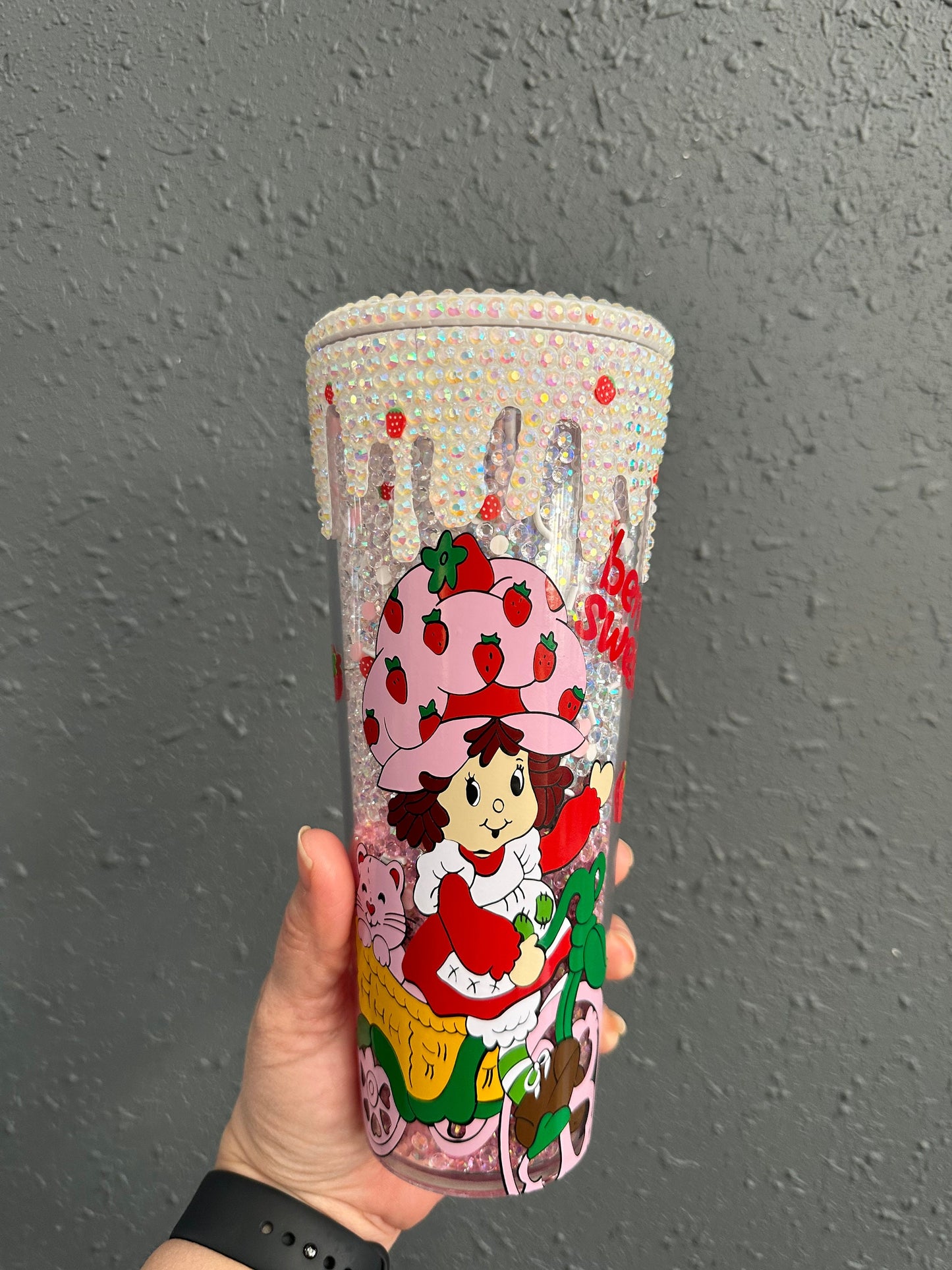 24oz Ombré Rhinestone And Polymer Clay Filled  Retro Strawberry Girl Inspired Tumbler With Rhinestone Lid and Acrylic Crystal Straw