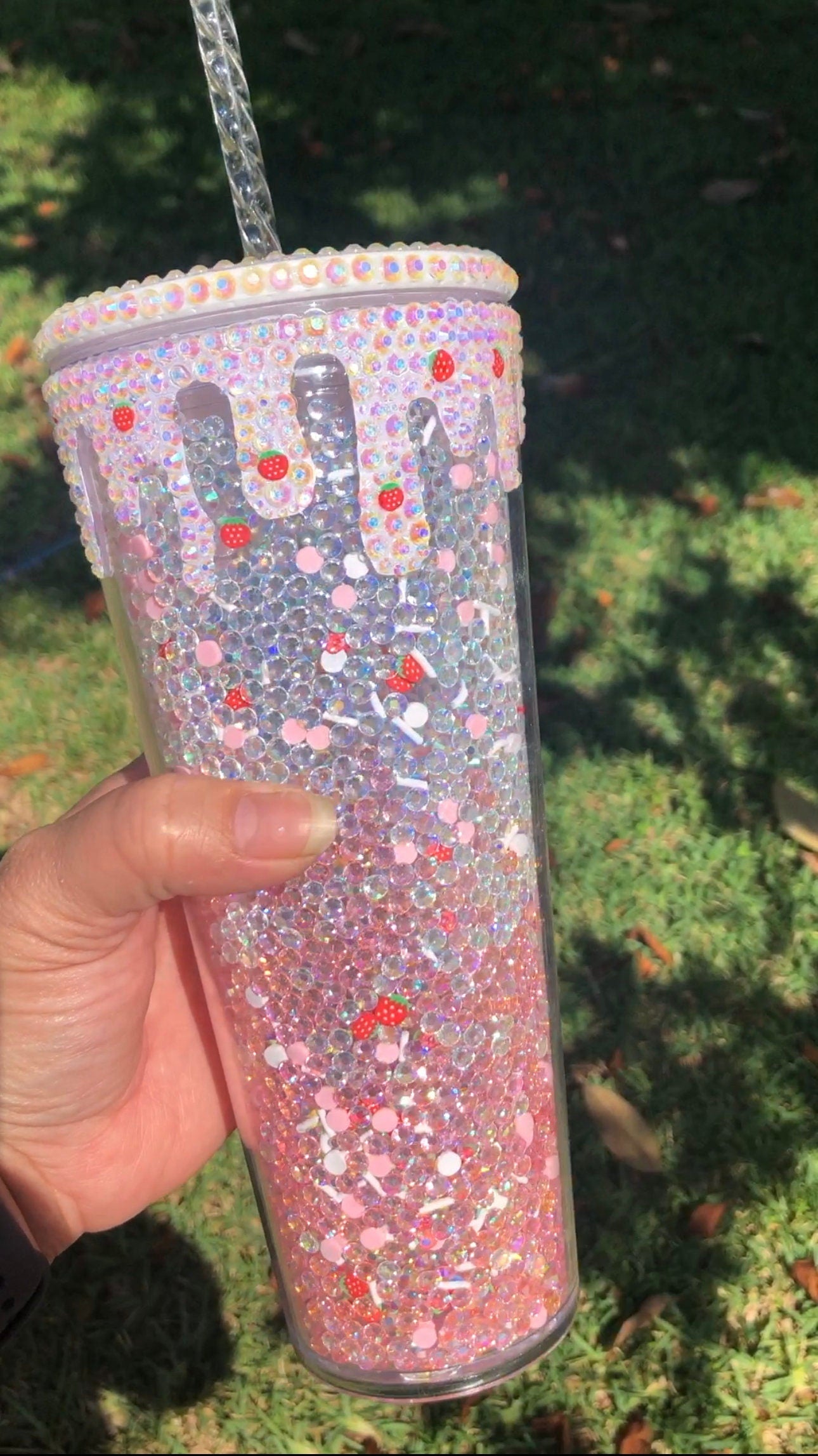 24oz Ombré Rhinestone And Polymer Clay Filled  Retro Strawberry Girl Inspired Tumbler With Rhinestone Lid and Acrylic Crystal Straw