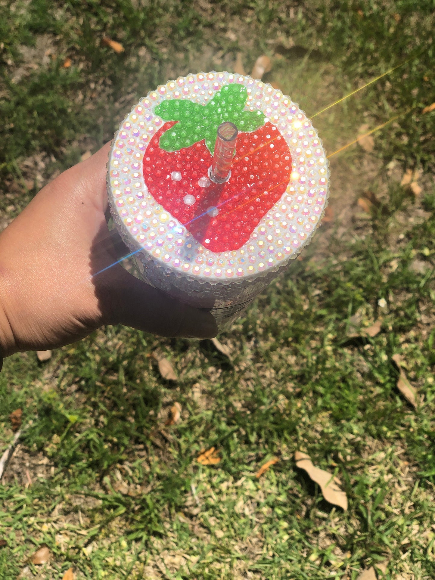 24oz Ombré Rhinestone And Polymer Clay Filled  Retro Strawberry Girl Inspired Tumbler With Rhinestone Lid and Acrylic Crystal Straw