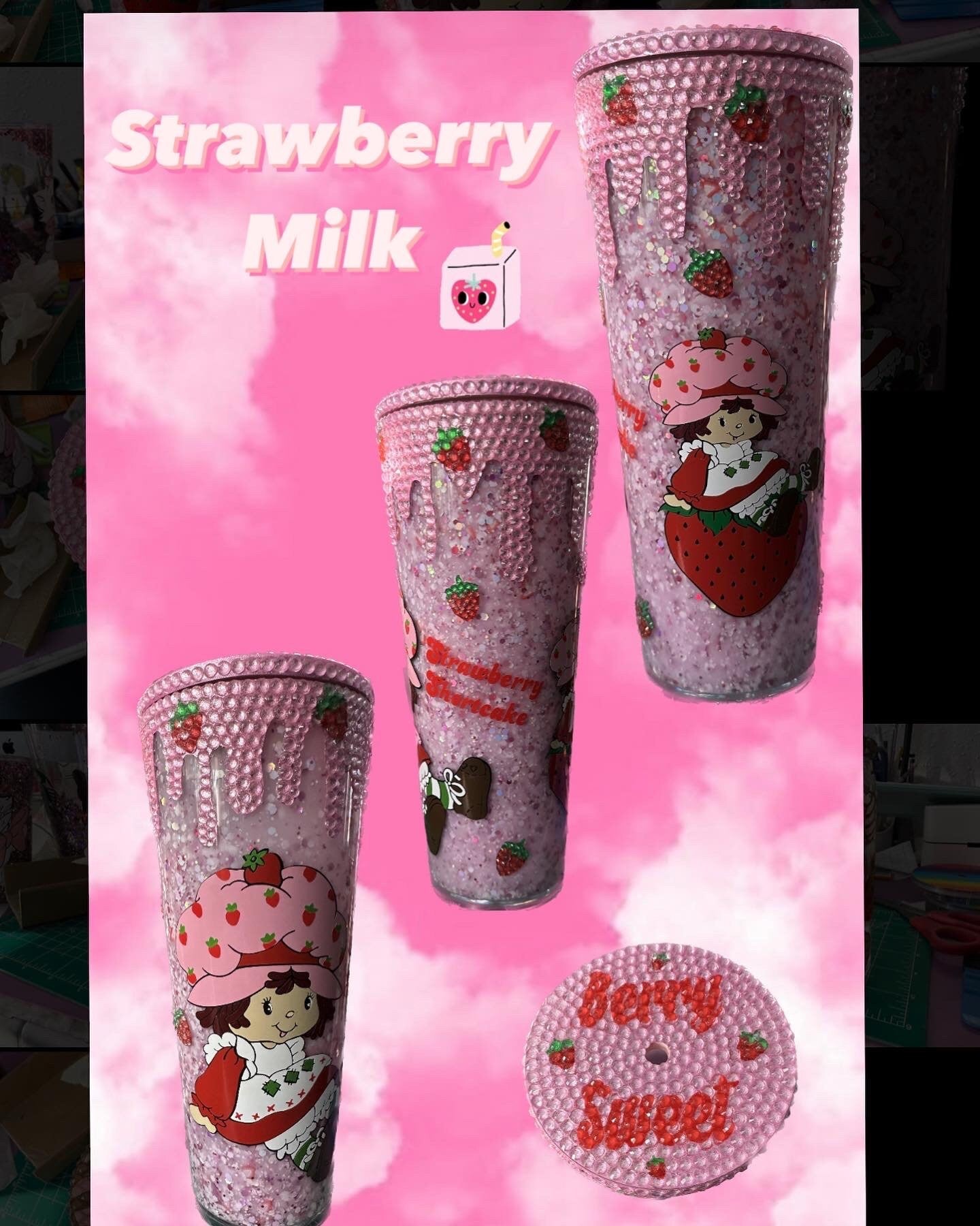 24oz Strawberry Milk Retro Strawberry Girl Bling Drip Snowglobe With Designer Lid And Straw