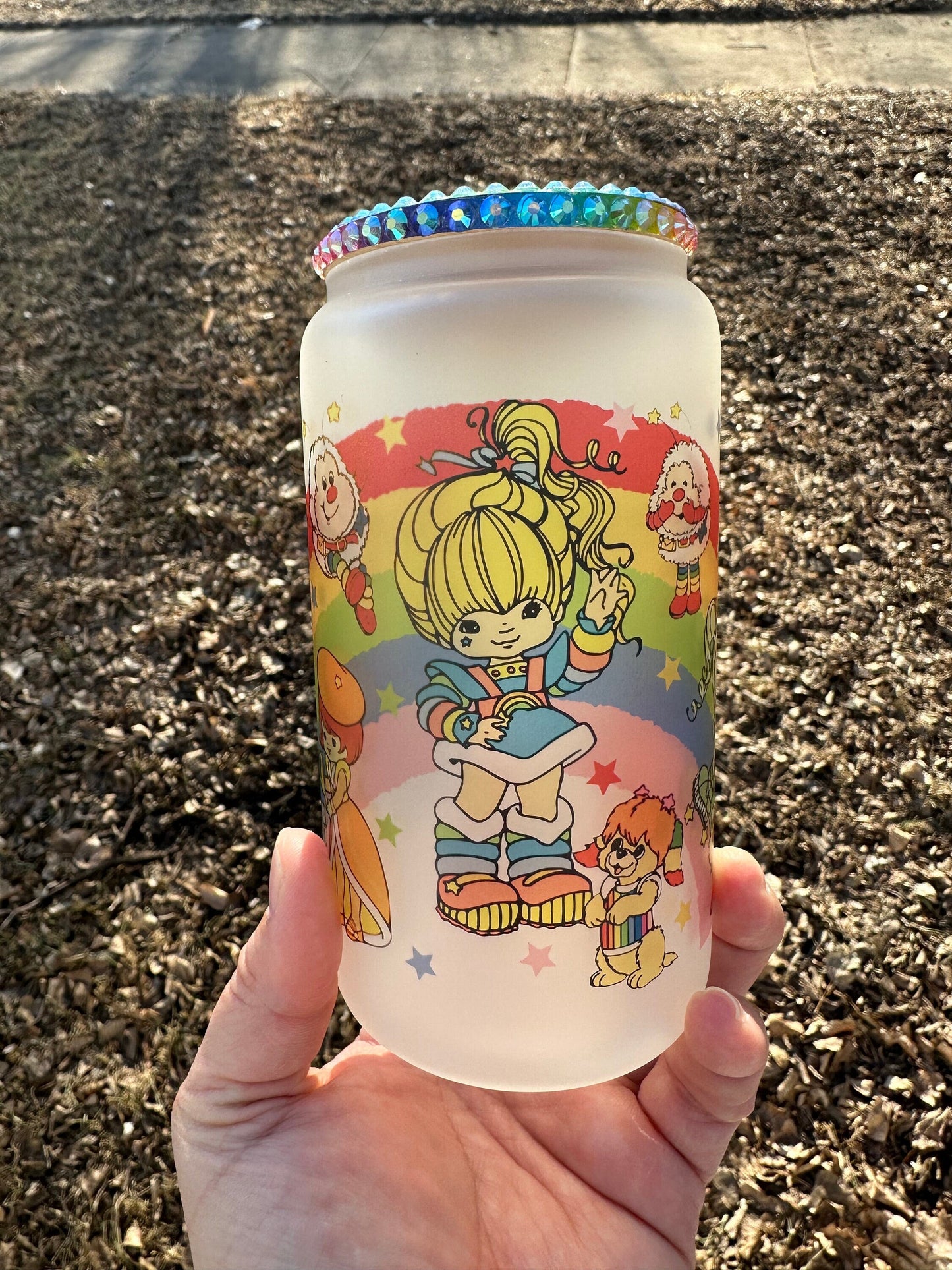 16oz Brite Rainbow Girl And Pals Sublimated Libbey Glass With Rainbow Rhinestone Lid And Straw