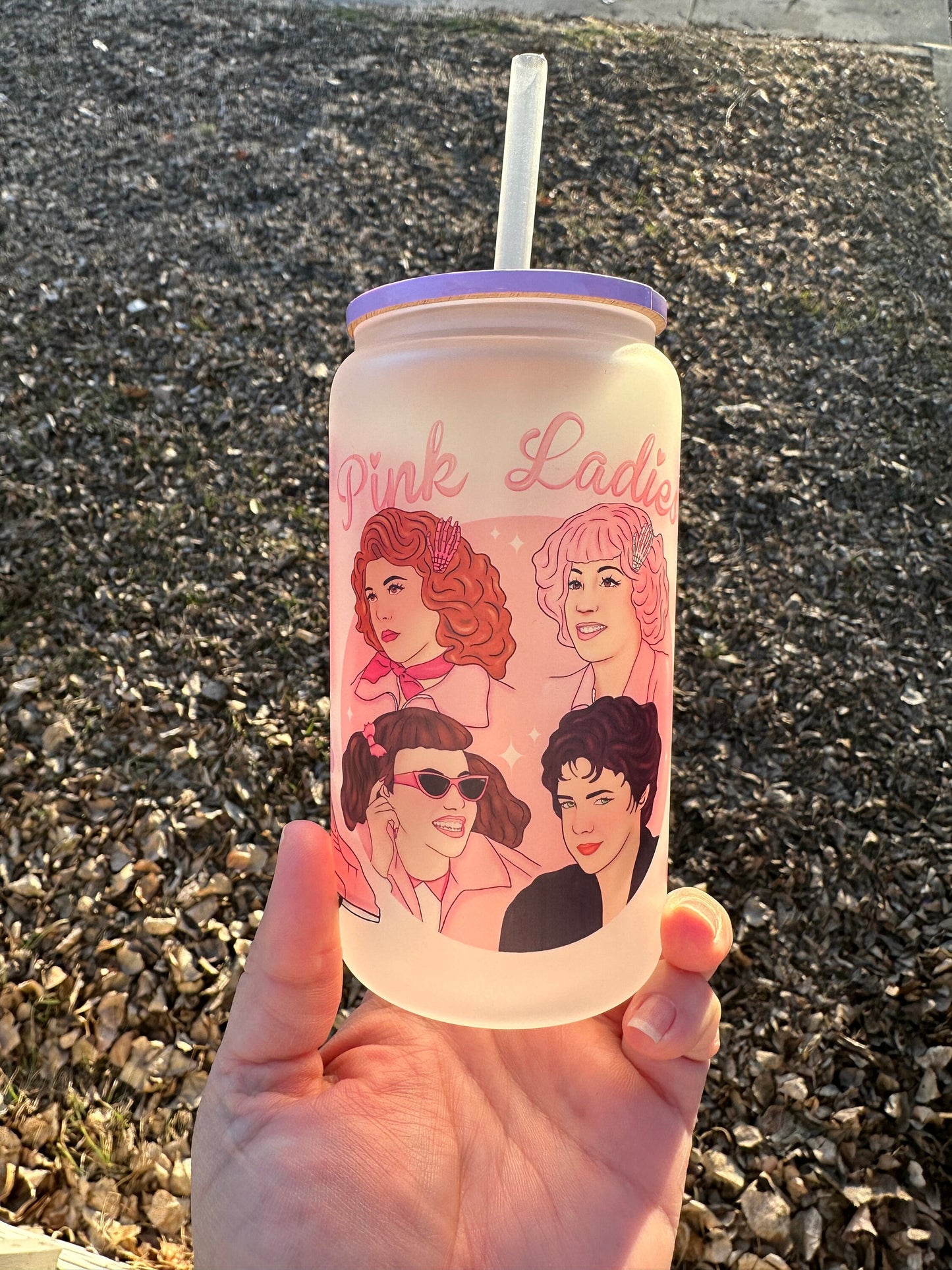 16oz Ladies In Pink Sublimated Frosted Glass Can With Designed Lid And Straw