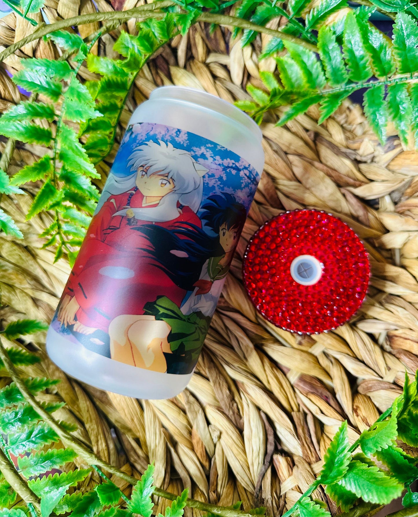 16oz Sublimated Anime Dog Demon Glass Can With Red Rhinestone Lid And Reusable Straw