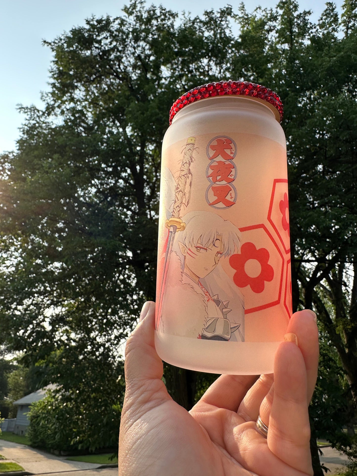 16oz Sublimated Anime Dog Demon Brothers Frosted Glass Cup with Red Rhinestone Lid And Reusable Straw