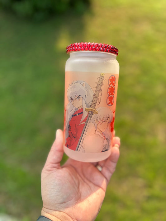 16oz Sublimated Anime Dog Demon Brothers Frosted Glass Cup with Red Rhinestone Lid And Reusable Straw