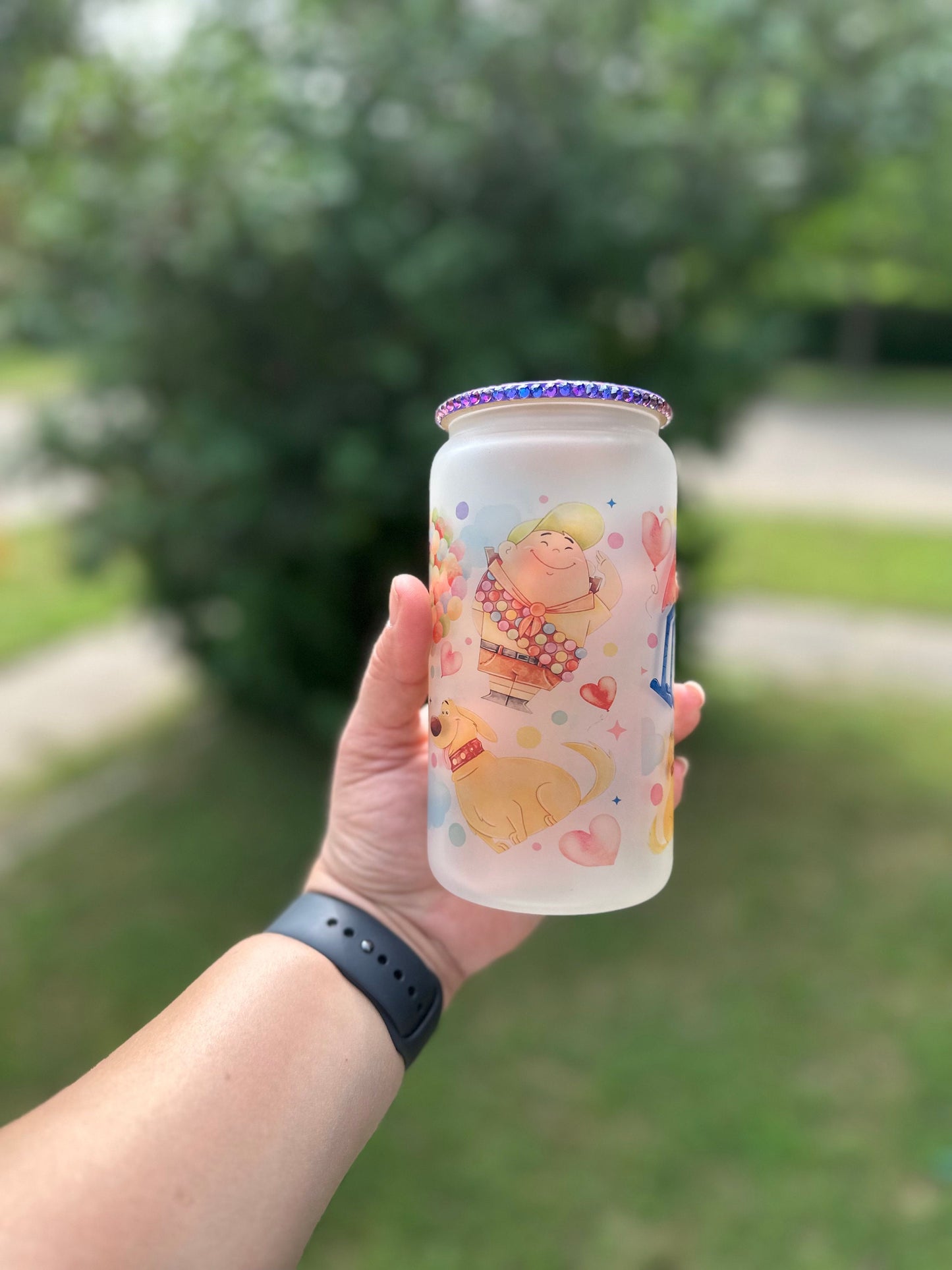 16oz Sublimated Ellie and Carl Frosted Glass Can With Glitter Rhinestone Lid And Reusable Straw