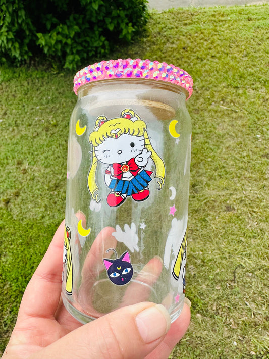 16oz UVDTF Anime Kitty Mashup Glass Can With Rhinestone Lid And Straw