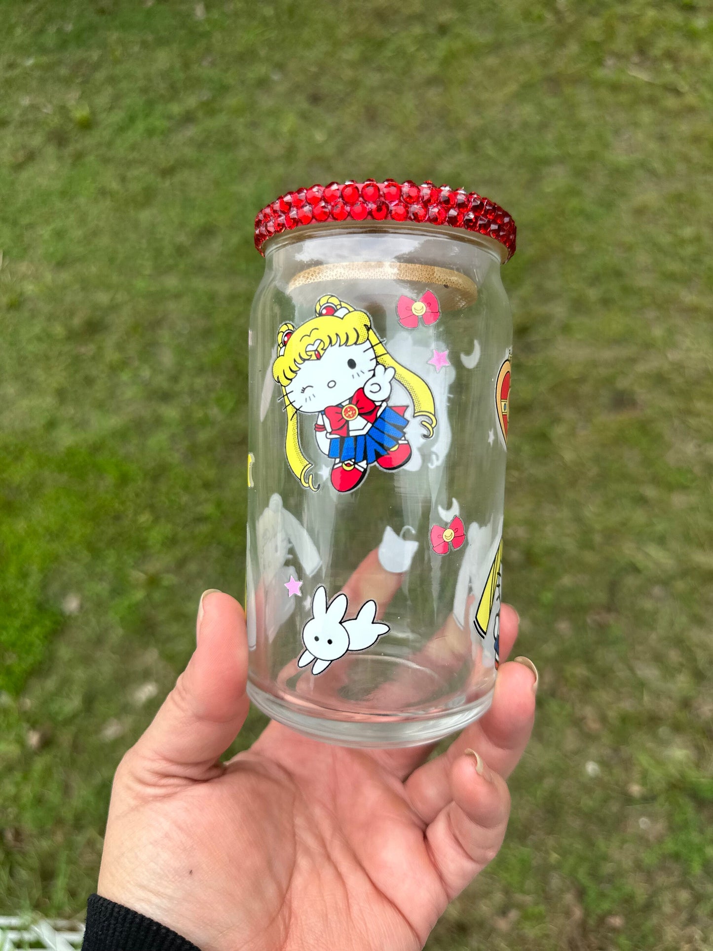 16oz UVDTF Anime Kitty Mashup Glass Can With Rhinestone Lid And Straw