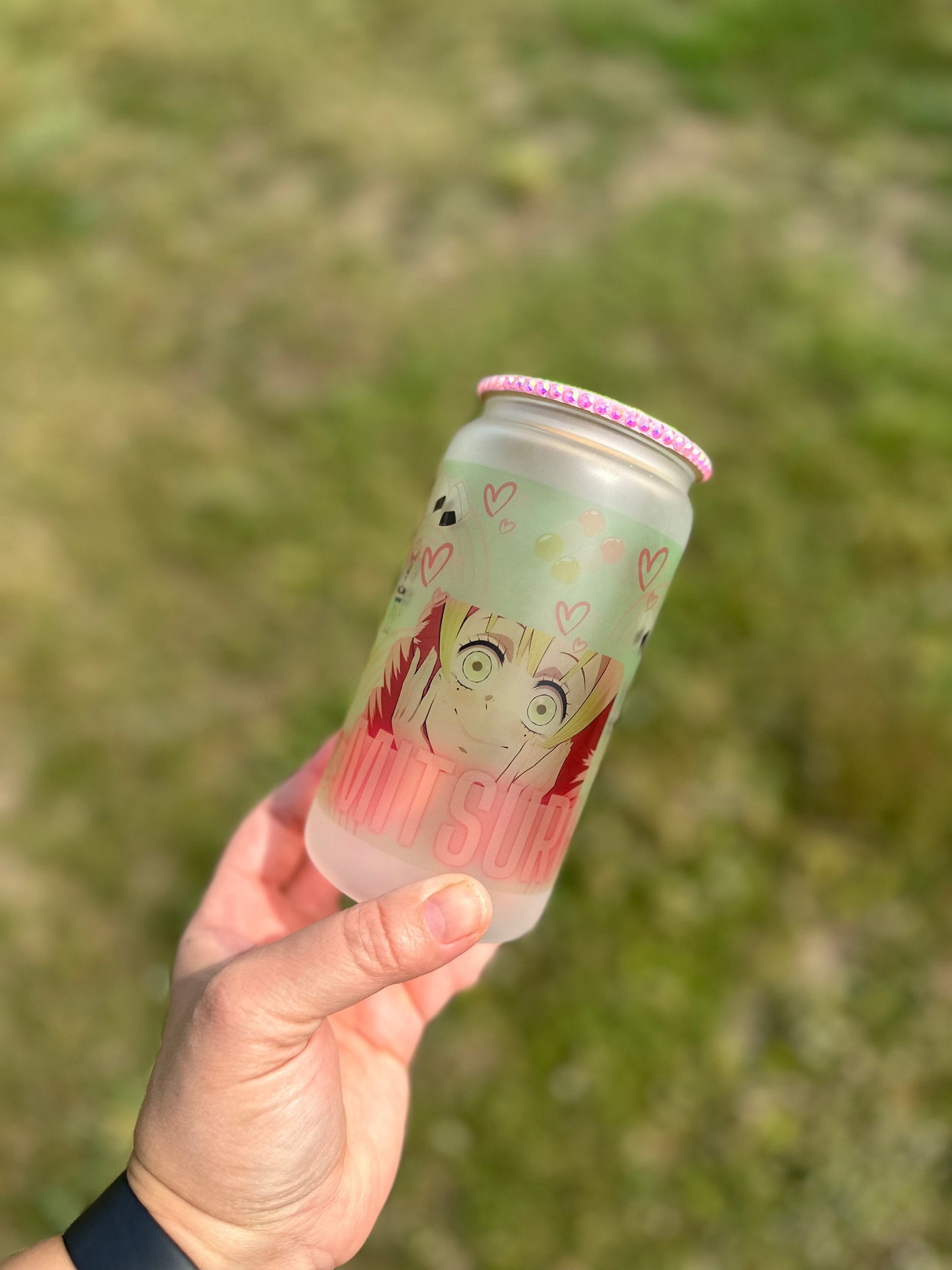 16oz Sublimated Anime Pink Haired Wifu Glass Can With Glitter Lid And Reusable Straw