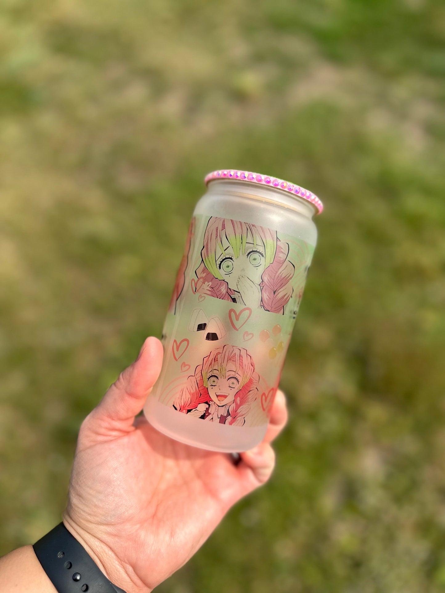 16oz Sublimated Anime Pink Haired Wifu Glass Can With Glitter Lid And Reusable Straw