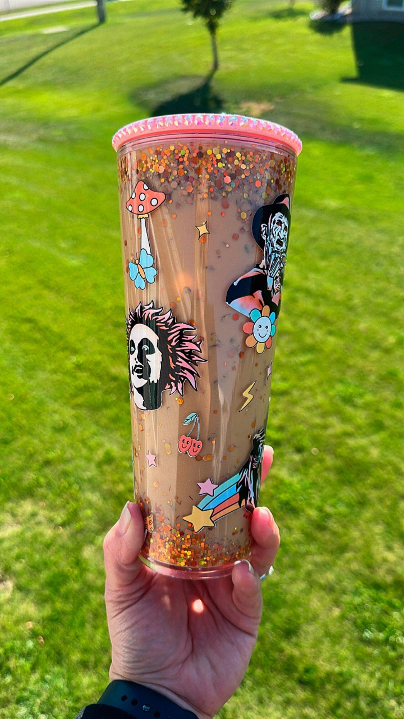 24oz Epoxied Spooky Boho Horror Characters Snowglobe Tumbler With Rhinestone Accent Lid And Straw